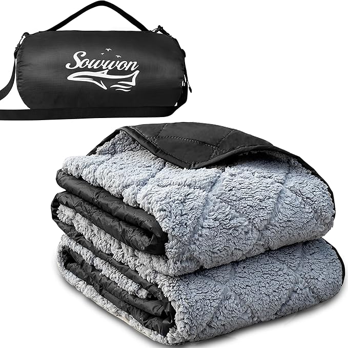 Waterproof Outdoor Blanket 82”X 55” Packable, Stadium Blankets for Camping with Sherpa Fleece