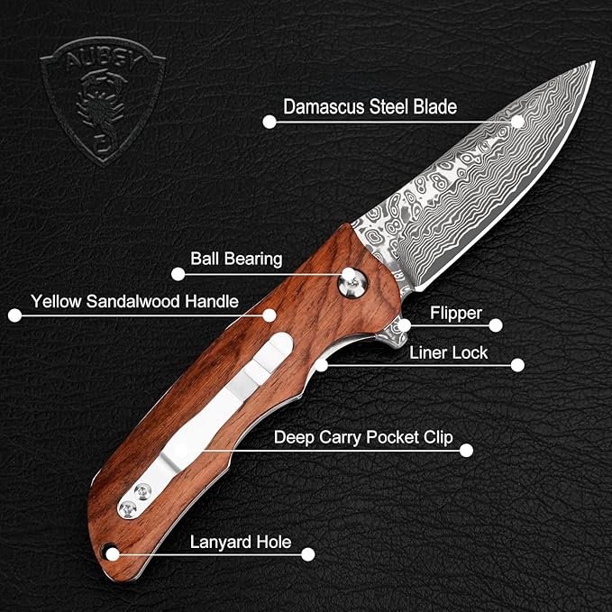 AUBEY Damascus Pocket Knife with VG10 Core, Wooden Handle, EDC Folding Knives for Men Outdoor