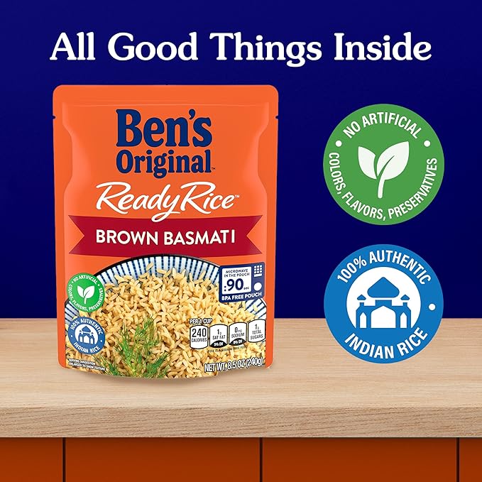 BEN'S ORIGINAL Ready Rice Brown Basmati Rice, Easy Dinner Side, 8.5 oz Pouch (Pack of 12)
