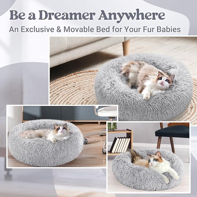 rabbitgoo Cat Beds for Indoor, 20 inches Machine Washable, Fluffy Round Pet Bed Non-Slip, Calming