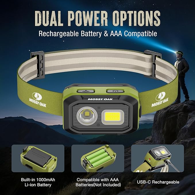 Mossy Oak 600 Lumens LED Headlamp, Dual Power Source, Motion Sensor Head Lamp with Magnetic Base