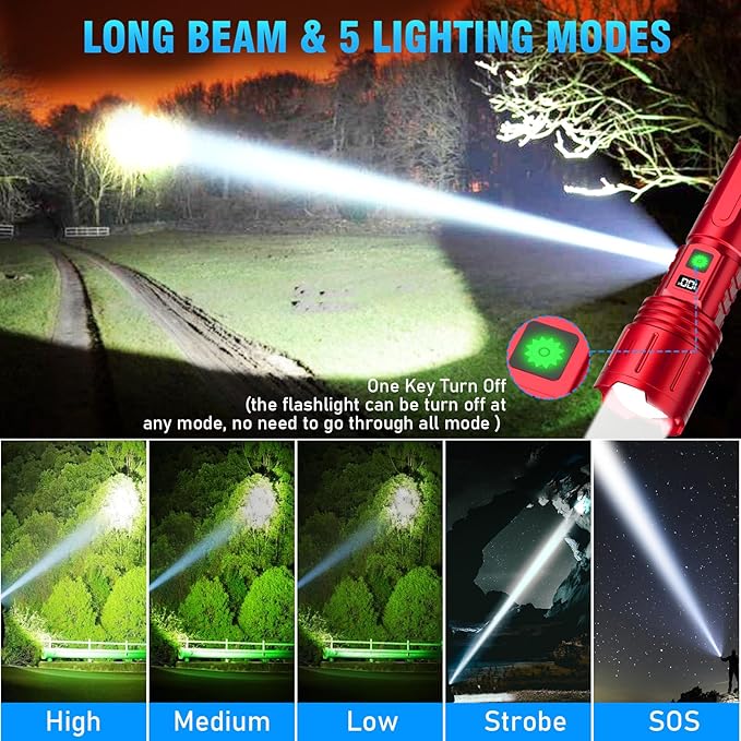 Rechargeable Flashlights High Lumens - 1500 Meters Long Beam Super Bright LED Flash Light with