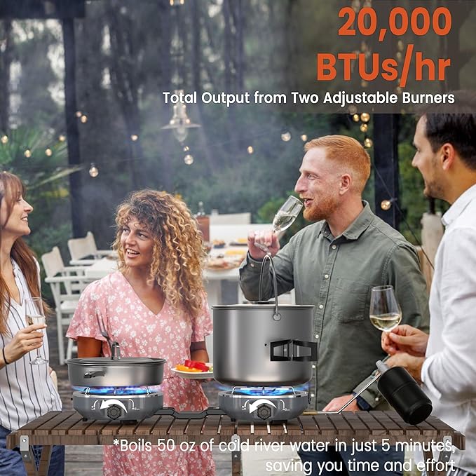 20,000 BTUs 2 Burner Propane Camping Stove, Portable Folding Camp Stove with Adjustable Burners