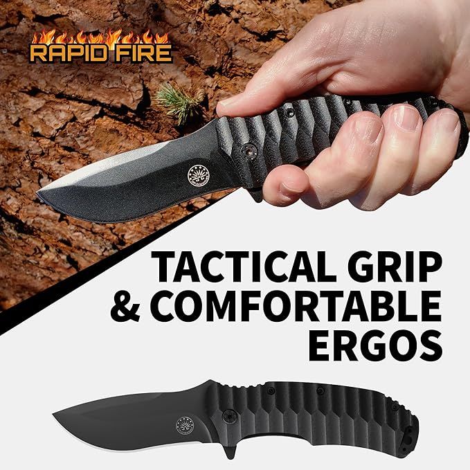 Off-Grid Knives - Rapid Fire Blackout - Large Folding Knife for Camping & EDC, Cryogenic D2 Blade