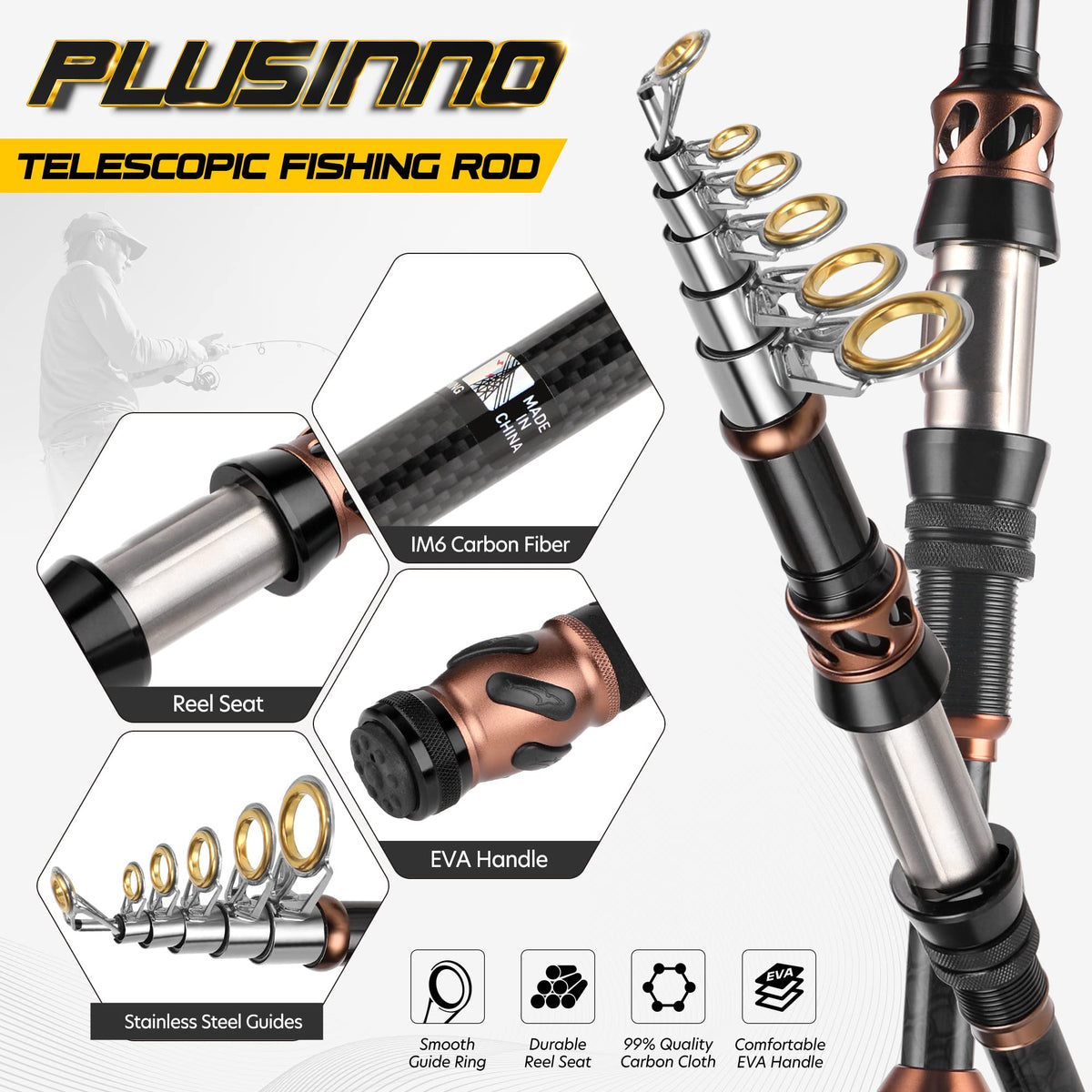 PLUSINNO Fishing Rod and Reel Combos -24 Ton Carbon Fiber Telescopic Fishing Pole - Spinning Reel