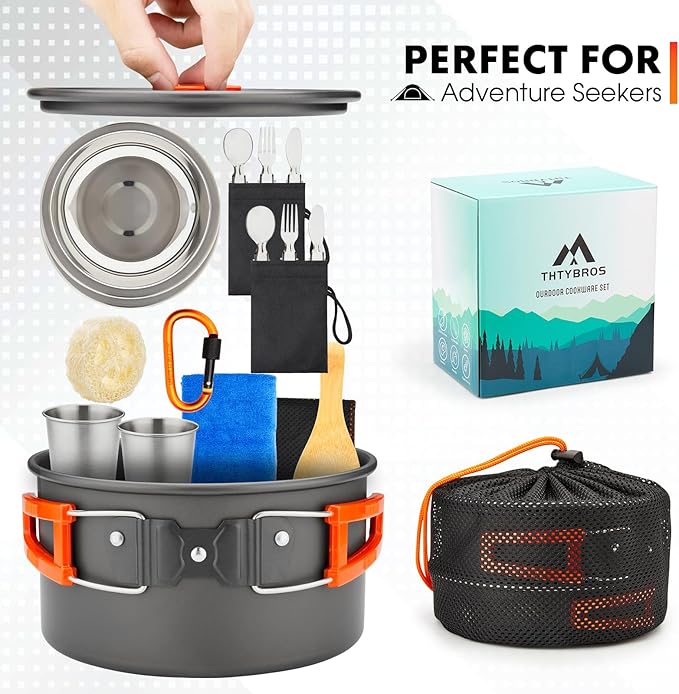 17pcs Camping Cookware Kit, 0.45Gal Pot, 7inches Pan,0.30Gal Kettle Set with 2 Set Stainless Steel