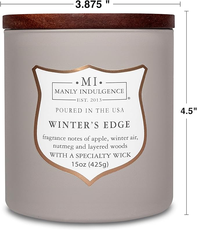Manly Indulgence Winters Edge Scented Candles for Men, 15 oz Wooden Wick, Premium Soy Blend Wax