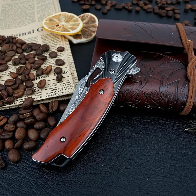 Damascus Pocket Knife for Men Women, Wood Handle Folding Knife with Sheath, 3.15" Damascus Steel
