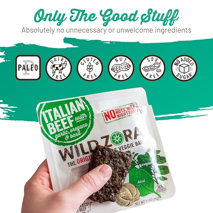 Wild Zora Meat & Veggie Bars, Variety 5-Pack, Natural Pork, Beef, Lamb, & Turkey Jerky Snacks