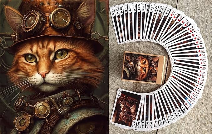Steampunk Cats Playing Cards (Poker Deck 54 Cards All Different) Cats Working in Steampunk Office