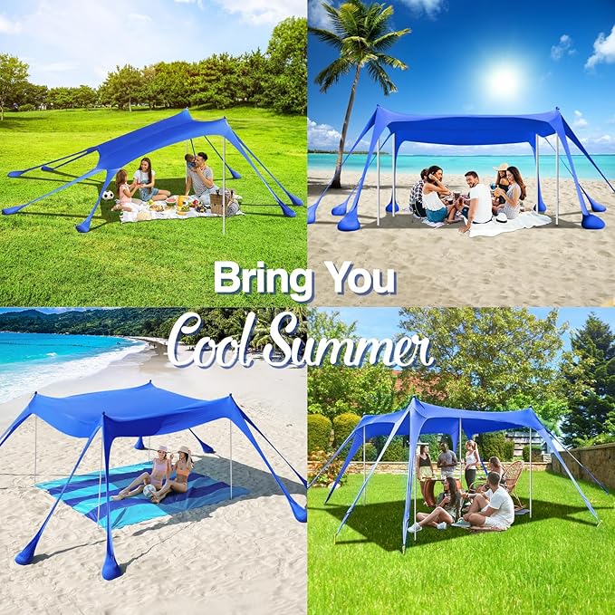 Rhino Valley Beach Tent Shade Canopy UPF50+ Protection, 8 Sandbags, 4 Stability Poles, Outdoor Sun