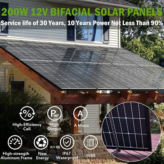 JJN Bifacial 200 Watt Solar Panel 12V 10BB Monocrystalline Solar Panels High Efficiency Solar