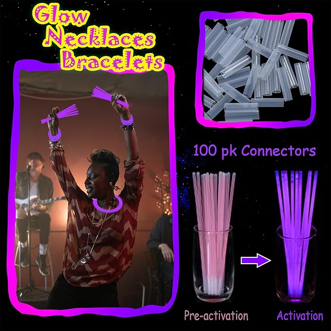 100 pk 8" Purple Glow Sticks Bulk Party Favors, Light up Glow Necklaces & Bracelets in the Dark