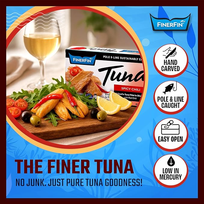 FinerFin Yellowfin Tuna In Organic Olive Oil ??Spicy Chili Flavor (4.4oz can - 6 Pack); Premium