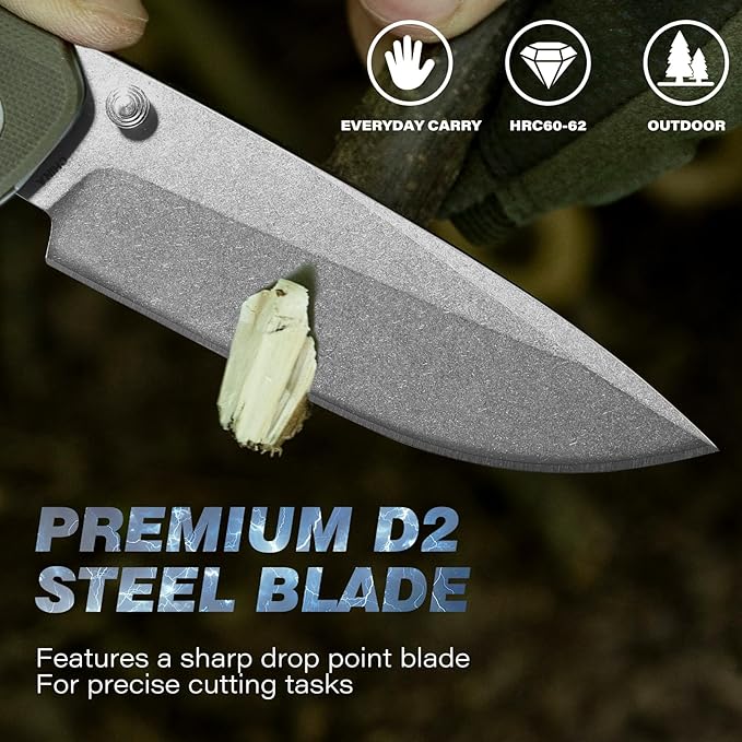 Axis Lock Folding Pocket Knife with Clip, 3.46" D2 Steel Drop Point Blade and G10 Handle, Crossbar