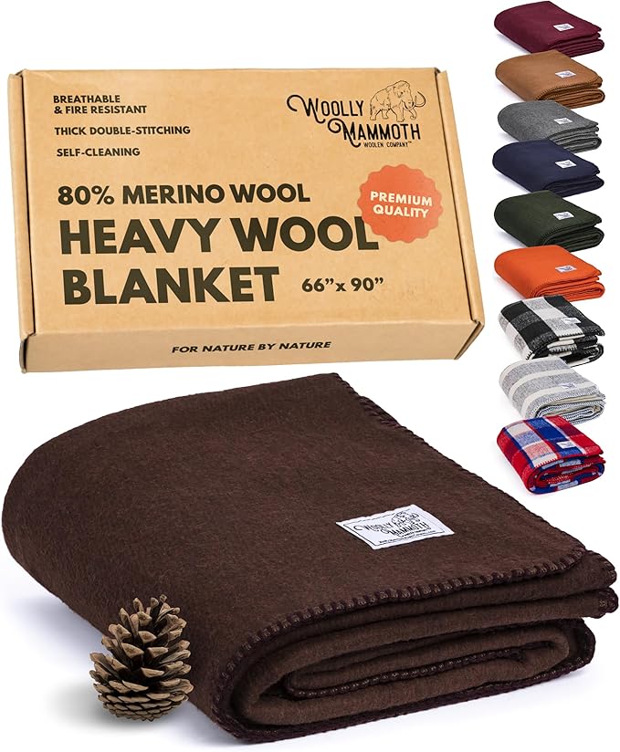 Woolly Mammoth Woolen Company Merino Wool Blanket - 66 x 90 in, Brown - Modern Twill Outdoor Throw