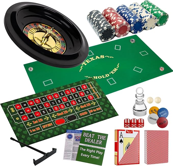 5 in 1 Casino Game Pro Set: 100 Pro Poker Chip, Blackjack+Roulette Wheel+Craps+Texas Holdem+Poker