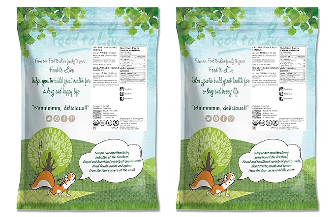 Food to Live Organic Whole Red Lentils, 20 Pounds Non-GMO, Dry Raw Lentils, Sproutable, Vegan