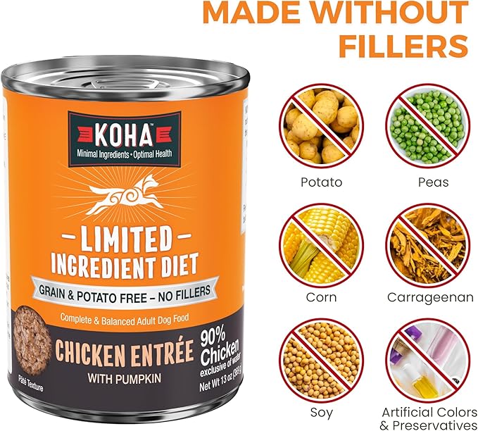KOHA Limited Ingredient Diet Chicken Entrée for Dogs - Grain Free Wet Dog Food with No Fillers