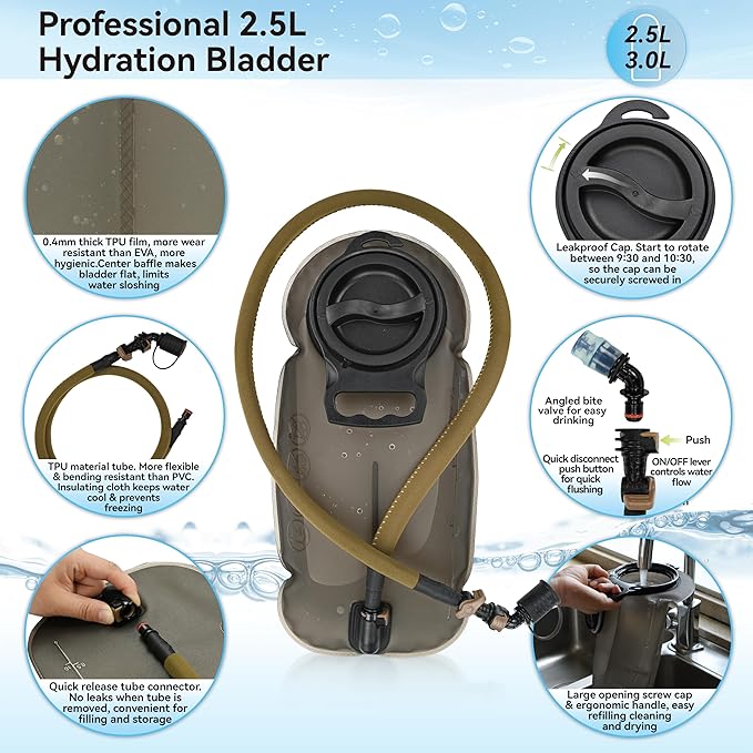 MARCHWAY Tactical Molle Hydration Pack with 2.5L TPU Water Bladder, Low-Profile Organized Military