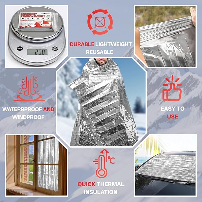 SecuCaptain Survival Emergency Thermal Blankets: 30 Pack Extra Large 84??x63??Space Mylar Blanket