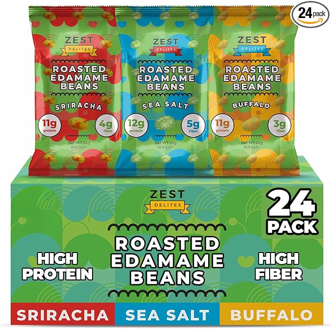 Crunchy Dry Roasted Edamame Beans Snack by Zest Delites, Sea Salt - Sriracha - Buffalo, Vegan, Low