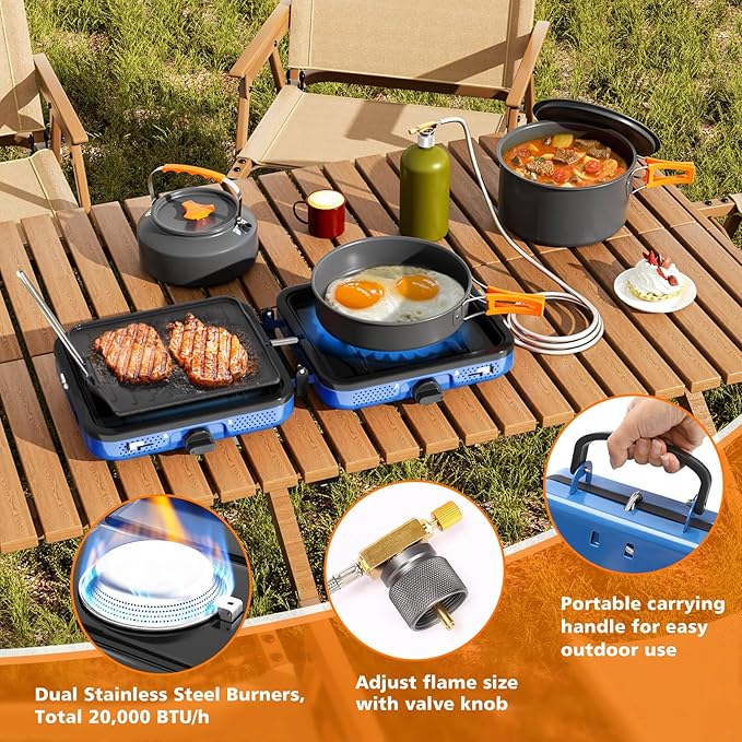 Portable 2 Burner Camping Stove Set with Cookware, Outdoor Cooking Kit Includes Outdoor Folding Gas