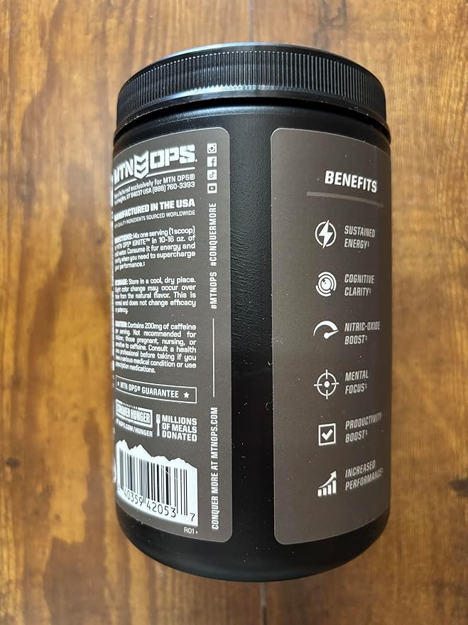 MTN OPS Ignite Energy Drink Powder, Naturally Gluten Free & Sweetened with Monk Fruit, Nitric Oxide