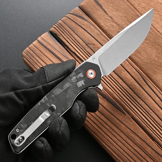 FF19 Folding Pocket Knife，D2 Steel Blade Carbon Fiber Handle EDC Tool Knife for Outdoor Camping