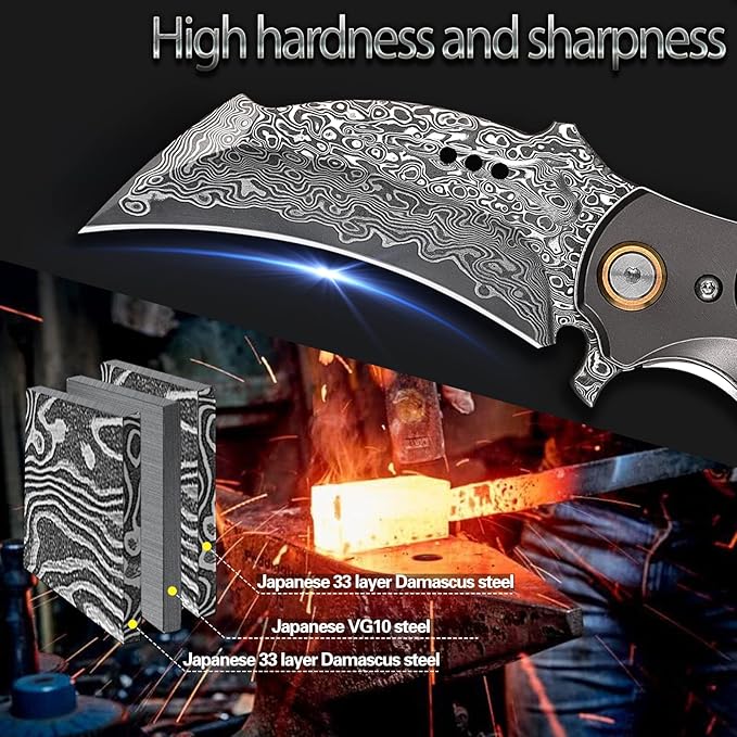 Handmade Damascus steel Folding Pocket EDCKnife，with cowhide sheath And pocket clipï¼?.8in blade