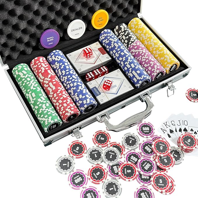 Poker Chips with Denominations, 300-pcs 11.5g Weighted Numbered Casino Chips Set, 5 Dice, 2 Decks