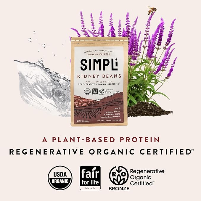 SIMPLi Regenerative Organic Certified Kidney Beans, Organic Red Kidney Beans High in Fiber and