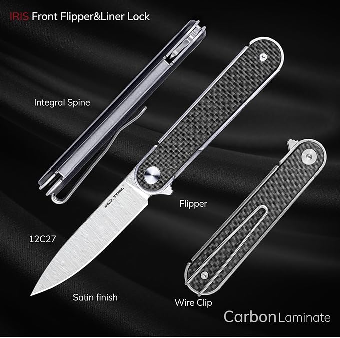 REALSTEEL IRIS Pocket Knife, Folding Knife, Flipper, Liner Lock, 2.99" 12C27 Steel Blade