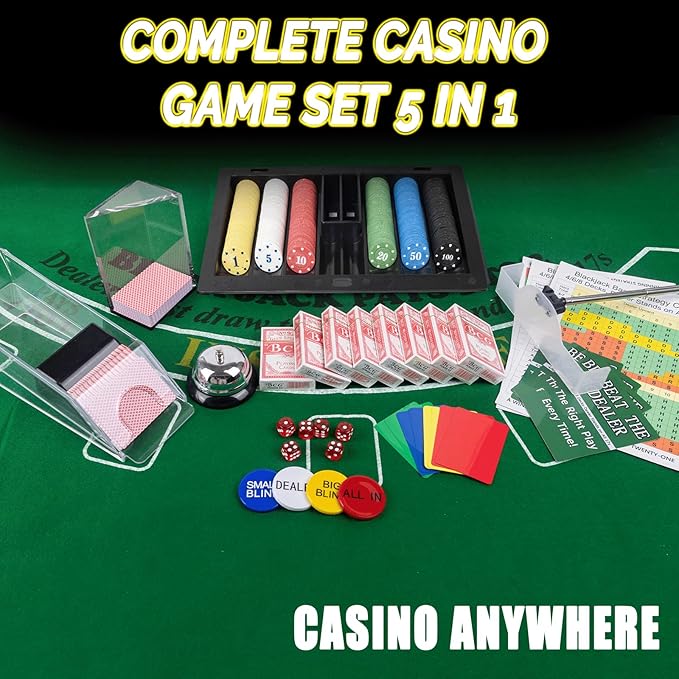 5 in 1 Super Casino Game Set: Blackjack/Roulette/Craps/Texas Hold'em/Poker Kit with Shoe+Discard