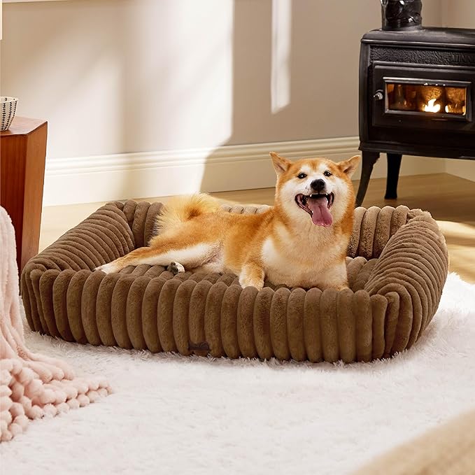 Bedsure Washable Dog Bed for Medium Dogs - Cute Furry Puppy Beds, Rectangle Orthopedic Corduroy