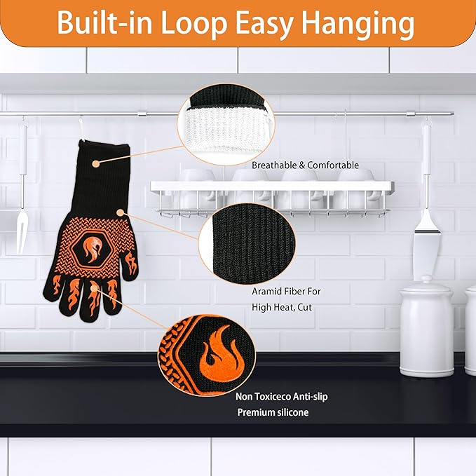 BBQ Fireproof Gloves, Grill Cut-Resistant Gloves 1472°F Heat Resistant Gloves, Non-Slip Silicone