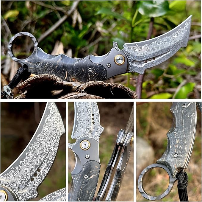 Handmade Damascus steel Folding Pocket EDCKnife，with cowhide sheath And pocket clipï¼?.8in blade