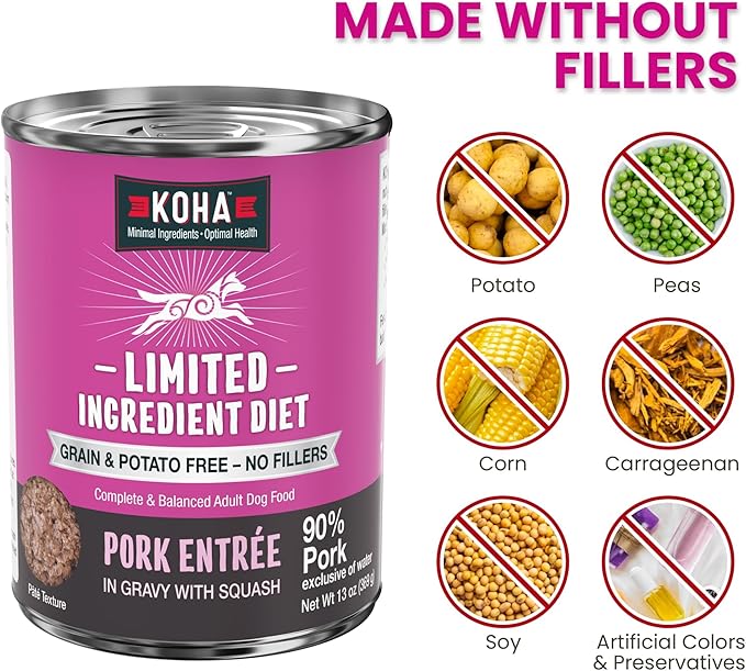 KOHA Limited Ingredient Diet Pork Entrée for Dogs- Sensitive Stomach Canned Dog Food - High