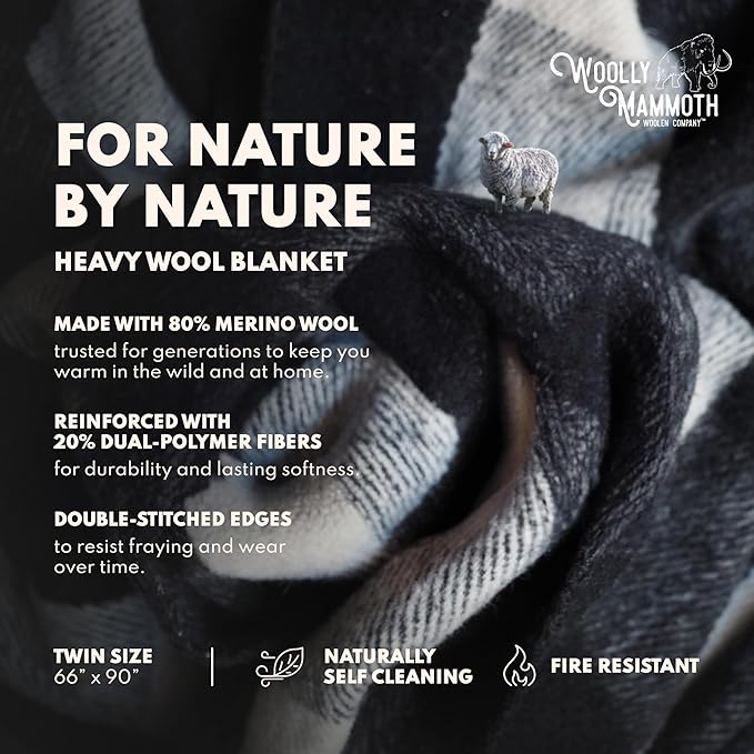Woolly Mammoth Woolen Company Camping Blankets - 66 x 90 in, Black & Cream Plaid - Merino Wool