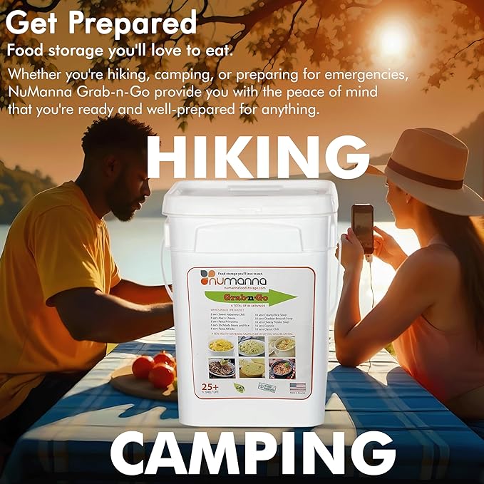 NuManna Grab-n-Go Bucket??80 Servings, 12 lbs Freeze-Dried Premade Meals | 25+ Year Shelf Life |