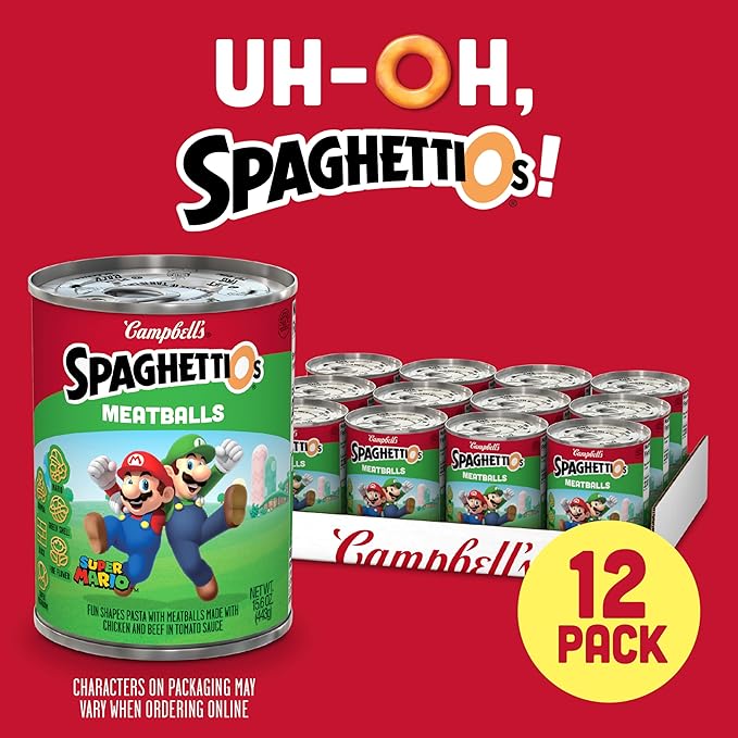 SpaghettiOs Super Mario Bros Canned Pasta with Meatballs, 15.6 oz Can (Pack of 12)