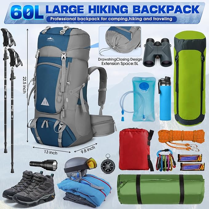 IGOLUMON 60L Hiking Backpack Waterproof Camping Backpack with Rain Cover Large Lightweight