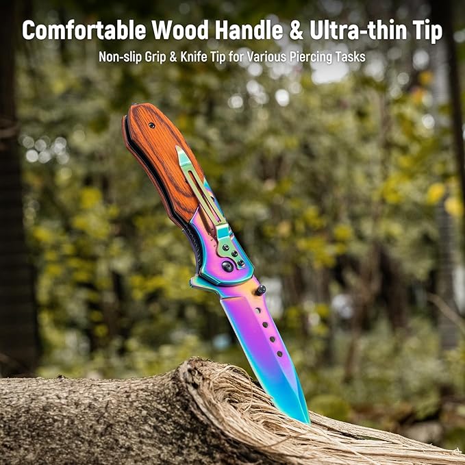 Pocket Knife for Men - 3.46" Sharp Blade Wood Handle Pocket Folding Knives with Clip, Glass Breaker