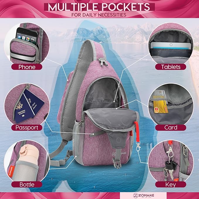 ZOMAKE Sling Bag,Small Crossbody Sling Backpack,Water Resistant Shoulder Daypack for Travel,Anti