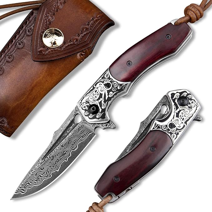 Handmade japanese vg10 damascus steel pocket knife,rosewood handle,sheath,liner lock,folding knives