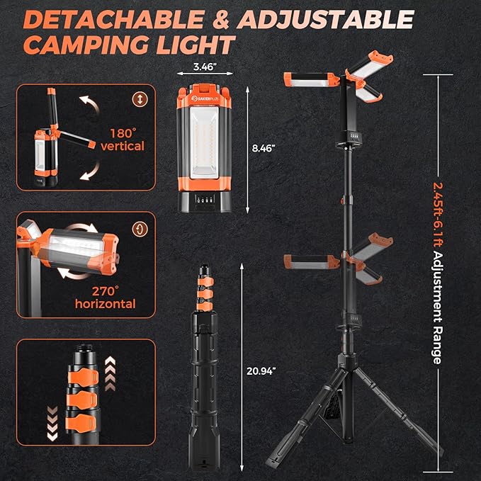 Portable Camping Light with Stand, 20000mAh Outdoor Work Light 800-3200 Lumen, 6.1ft Height with