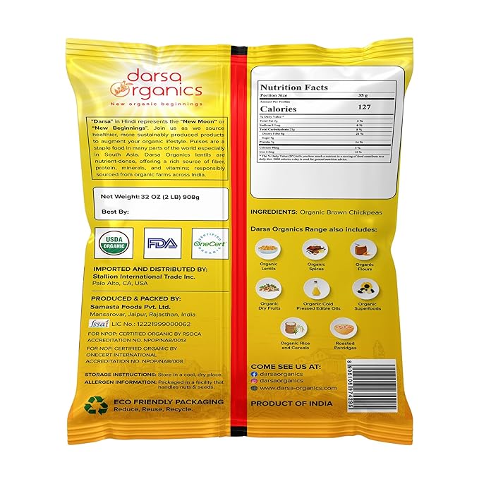 Darsa Organics Kala Chana 2 lb | Brown Chickpeas, Black Gram Lentils | USDA Organic, Non-GMO | Rich