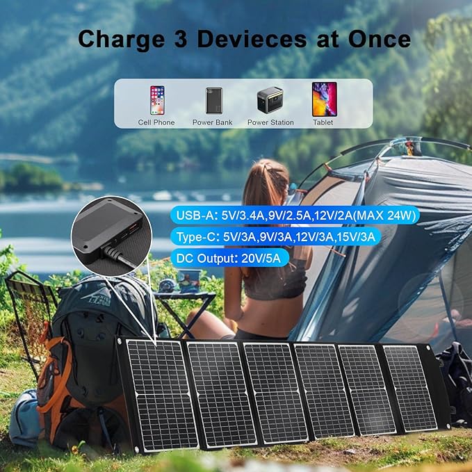 100 Watt Portable Solar Panel, Foldable Solar Panel Charger with Kickstands, QC3.0 USB-A USB-C & DC