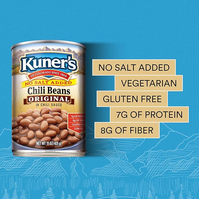 Kuner's No Salt Added Canned Chili Beans, Plant Protein and Fiber, Gluten Free, Vegan, Fat Free, 12