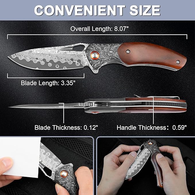 Damascus Pocket Knife with Sheath, 3.35" Damascus Steel Blade Knife with Wooden Handle, EDC Pocket